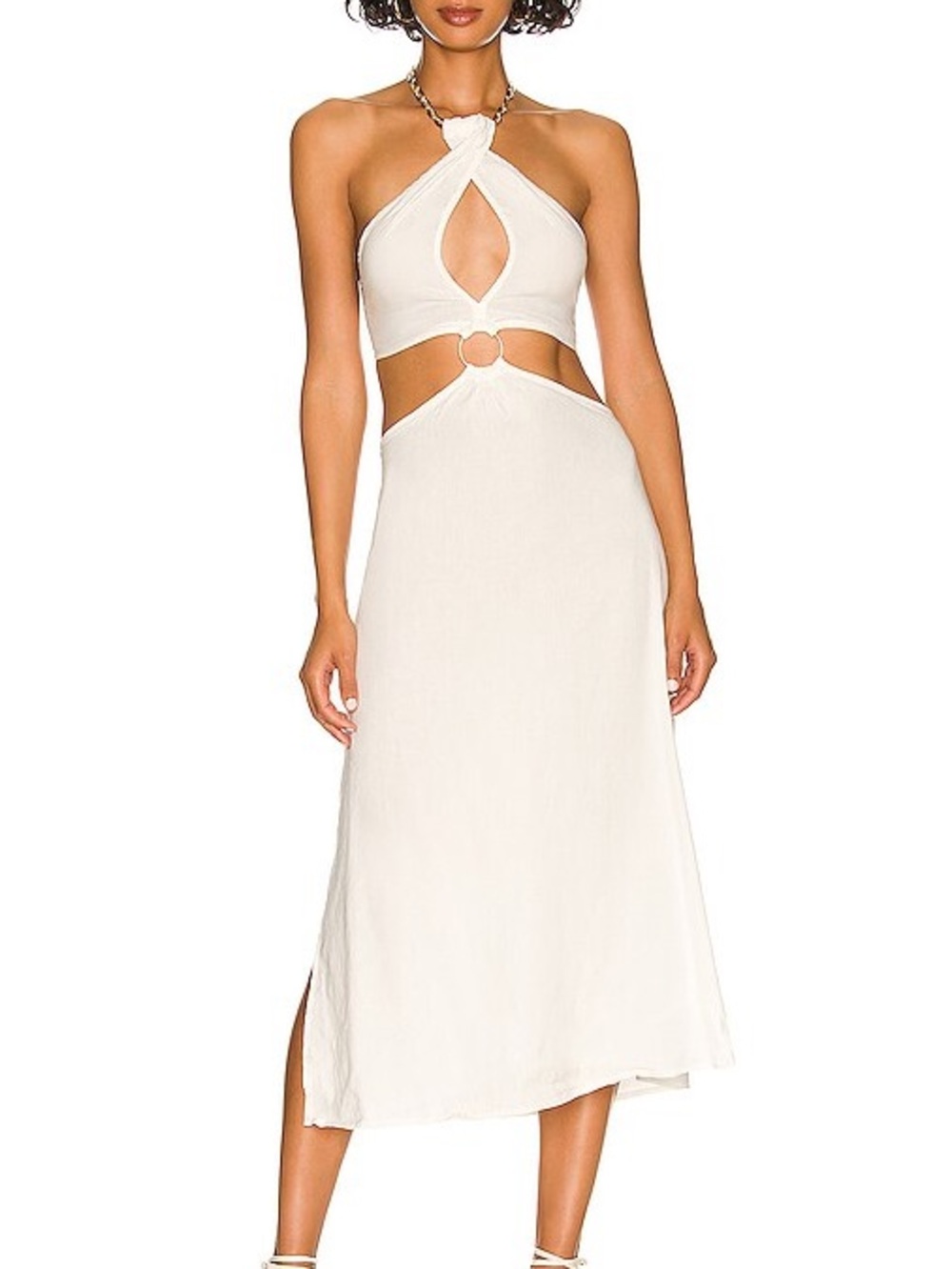 WE WORE WHAT NWT Cream Cutout Halter Maxi Dress with shell chain